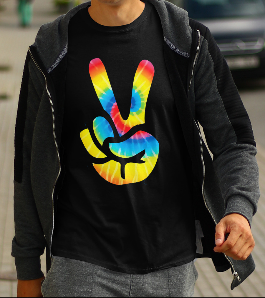 Tie Dye Peace Sign Hand V Symbol Rainbow Psychedelic T-Shirt