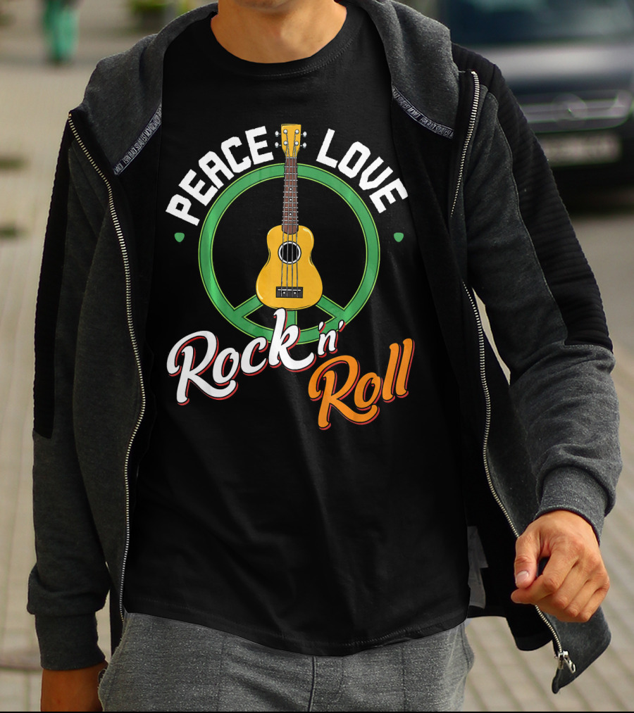 Peace Love Rock N Roll Anti War Ukulele Kindness T-Shirt