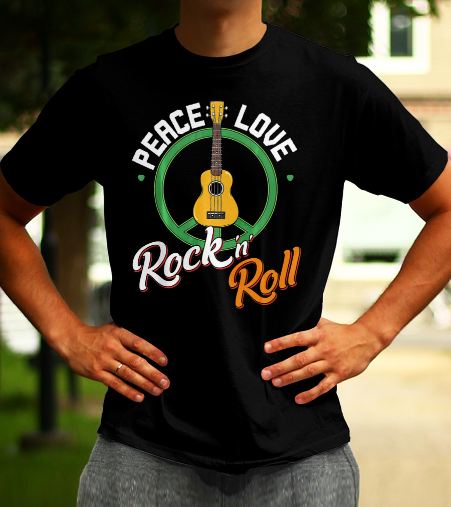 Peace Love Rock N Roll Anti War Ukulele Kindness T-Shirt