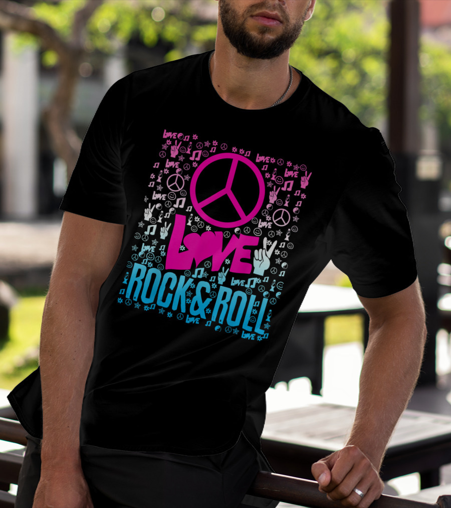 Peace Love Rock And Roll Music Icons And Hippie Symbols T-Shirt