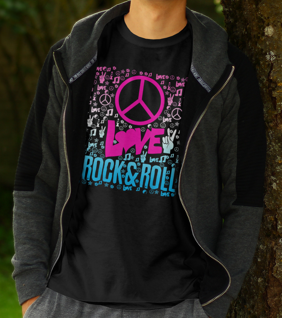 Peace Love Rock And Roll Music Icons And Hippie Symbols T-Shirt