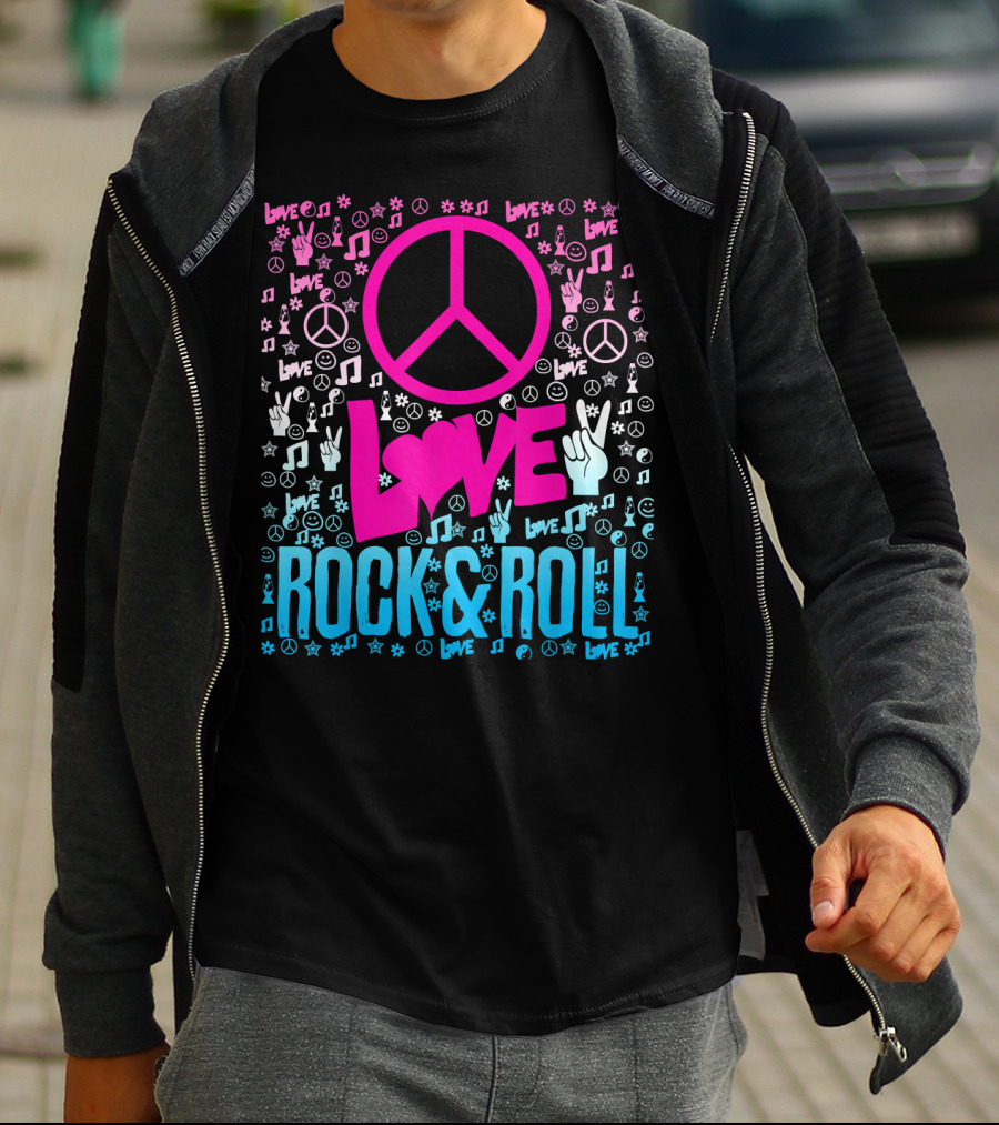 Peace Love Rock And Roll Music Icons And Hippie Symbols T-Shirt