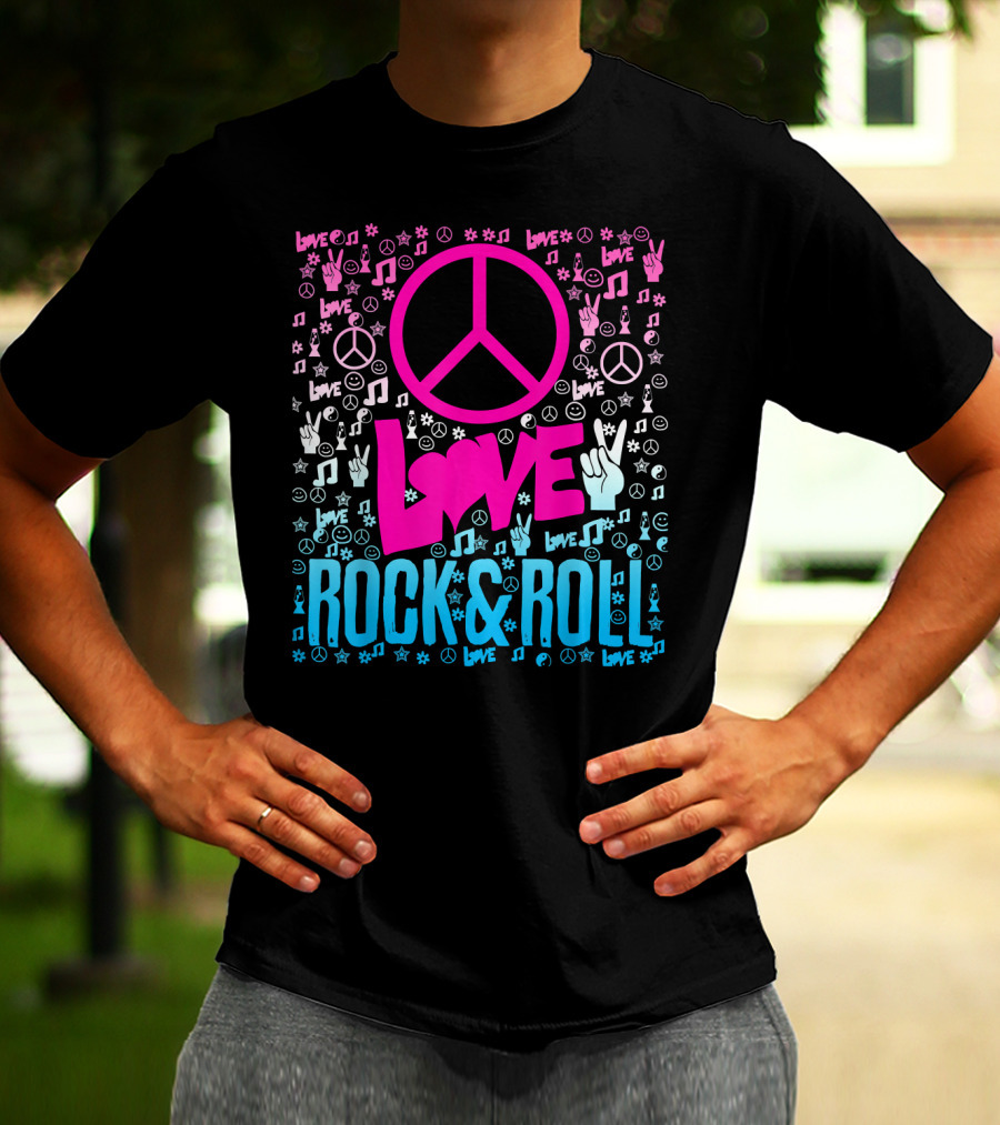 Peace Love Rock And Roll Music Icons And Hippie Symbols T-Shirt