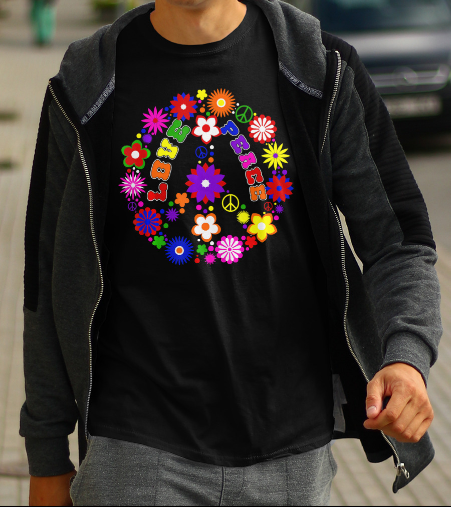 Love Peace Sign Retro Flowers Hippie Col Colorful Groovy T-Shirt