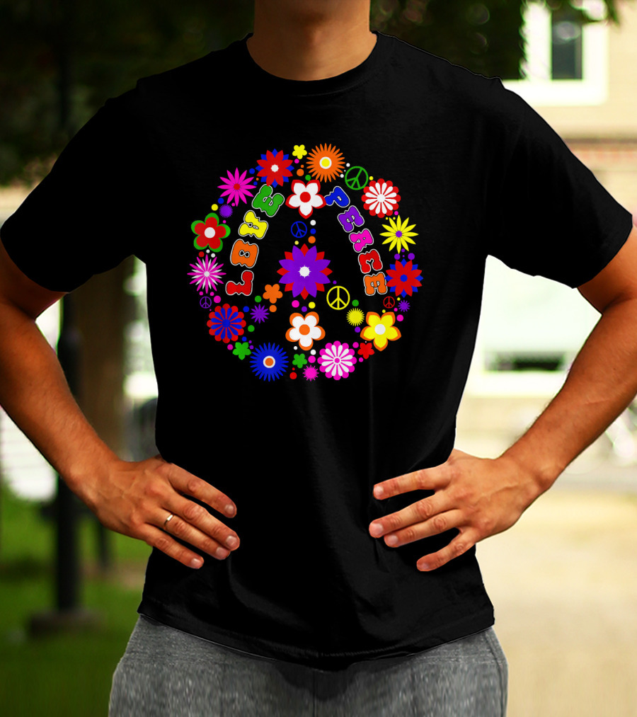 Love Peace Sign Retro Flowers Hippie Col Colorful Groovy T-Shirt