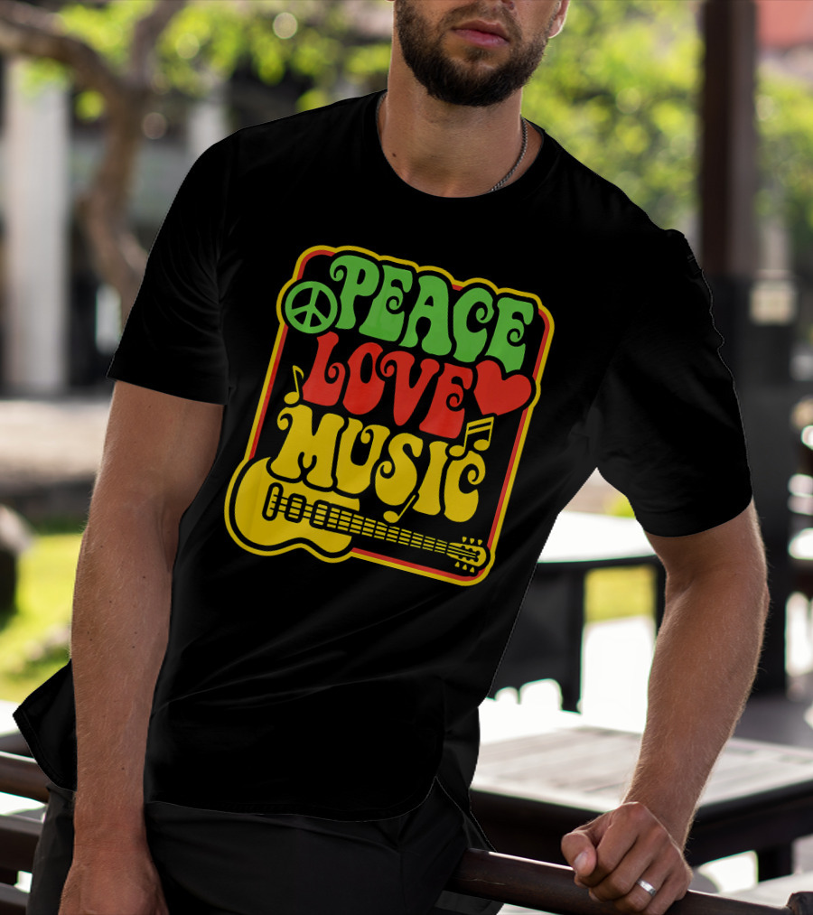 PEACE LOVE MUSIC Rock And Roll Reggae Guitar T-Shirt