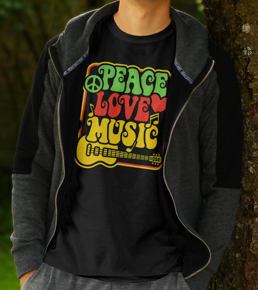 PEACE LOVE MUSIC Rock And Roll Reggae Guitar T-Shirt