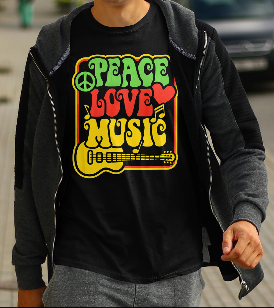 PEACE LOVE MUSIC Rock And Roll Reggae Guitar T-Shirt