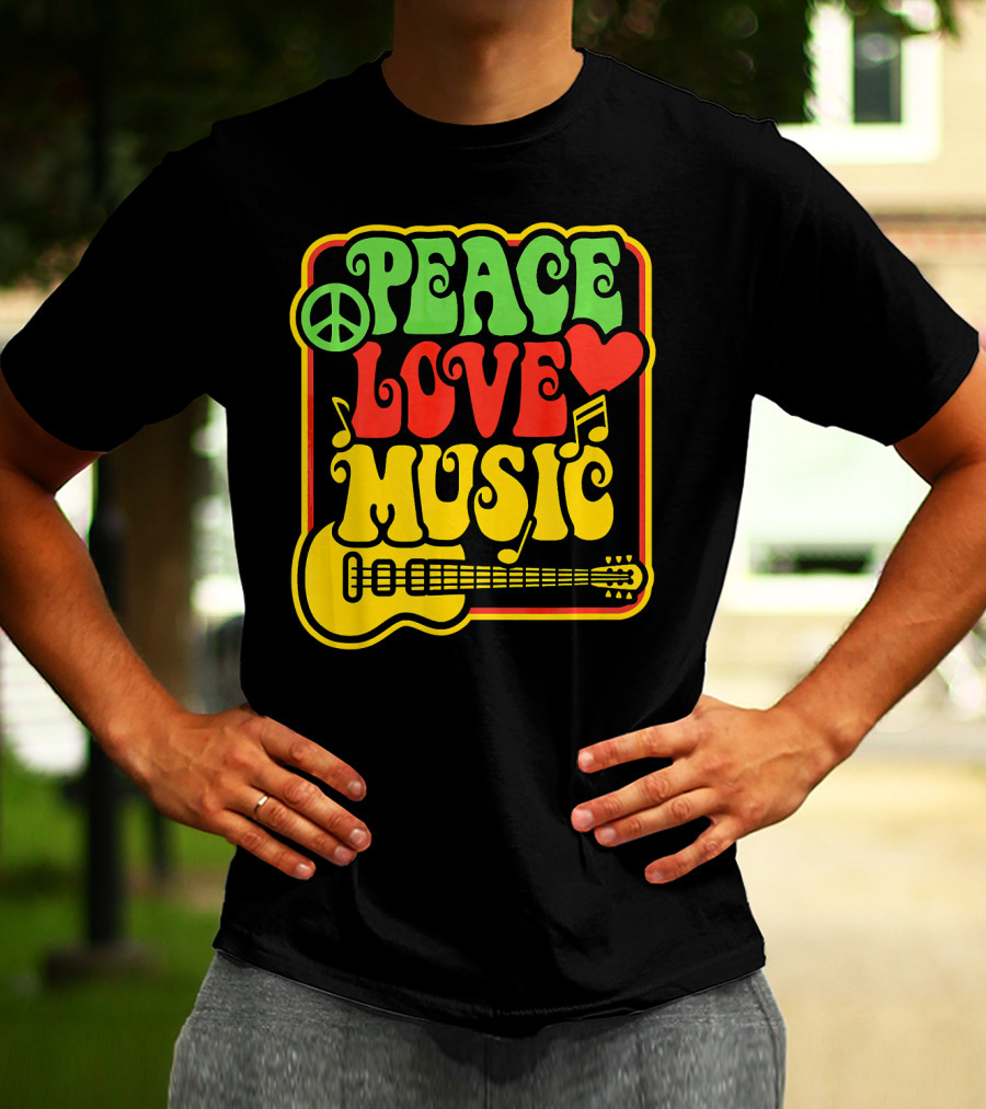 PEACE LOVE MUSIC Rock And Roll Reggae Guitar T-Shirt