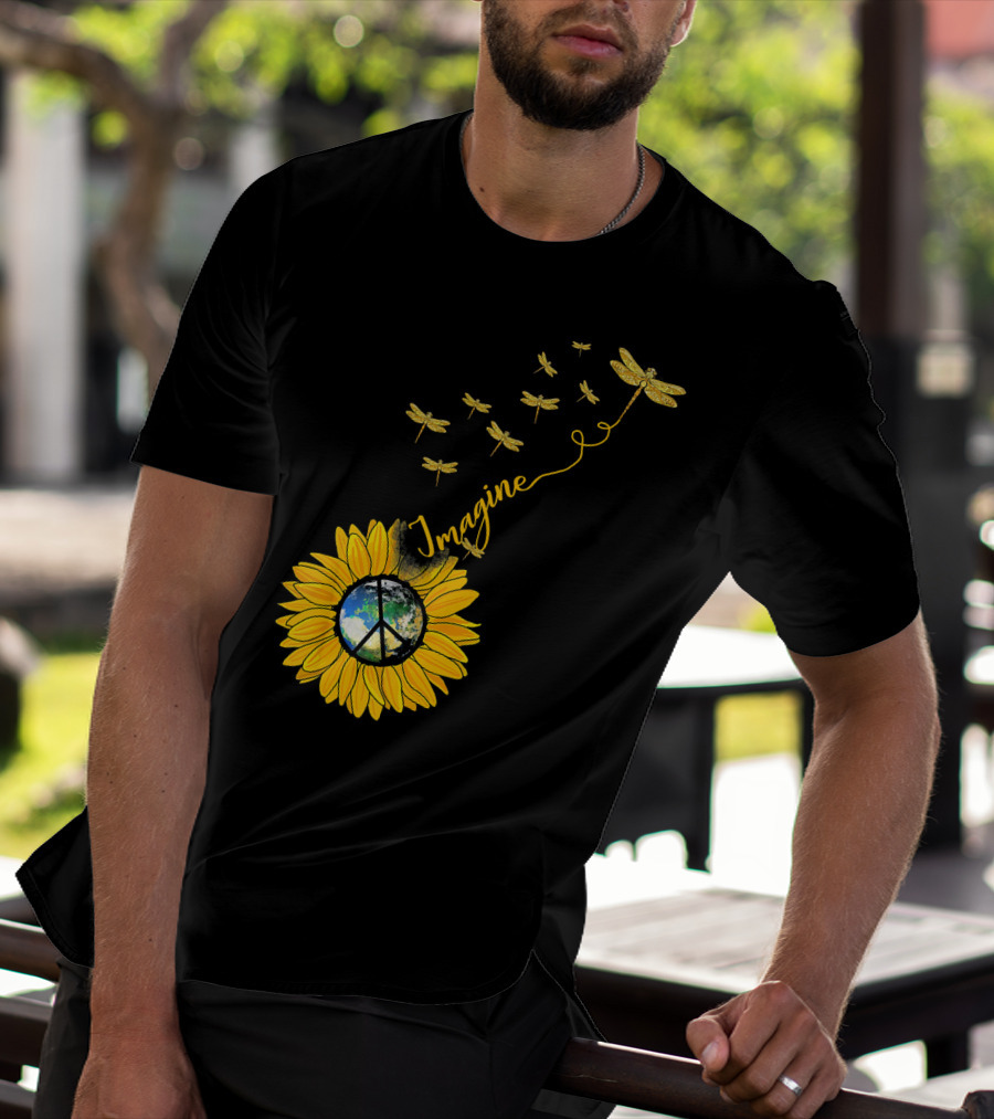 Imagine Peace Earth Sunflower Dragonflies T-Shirt