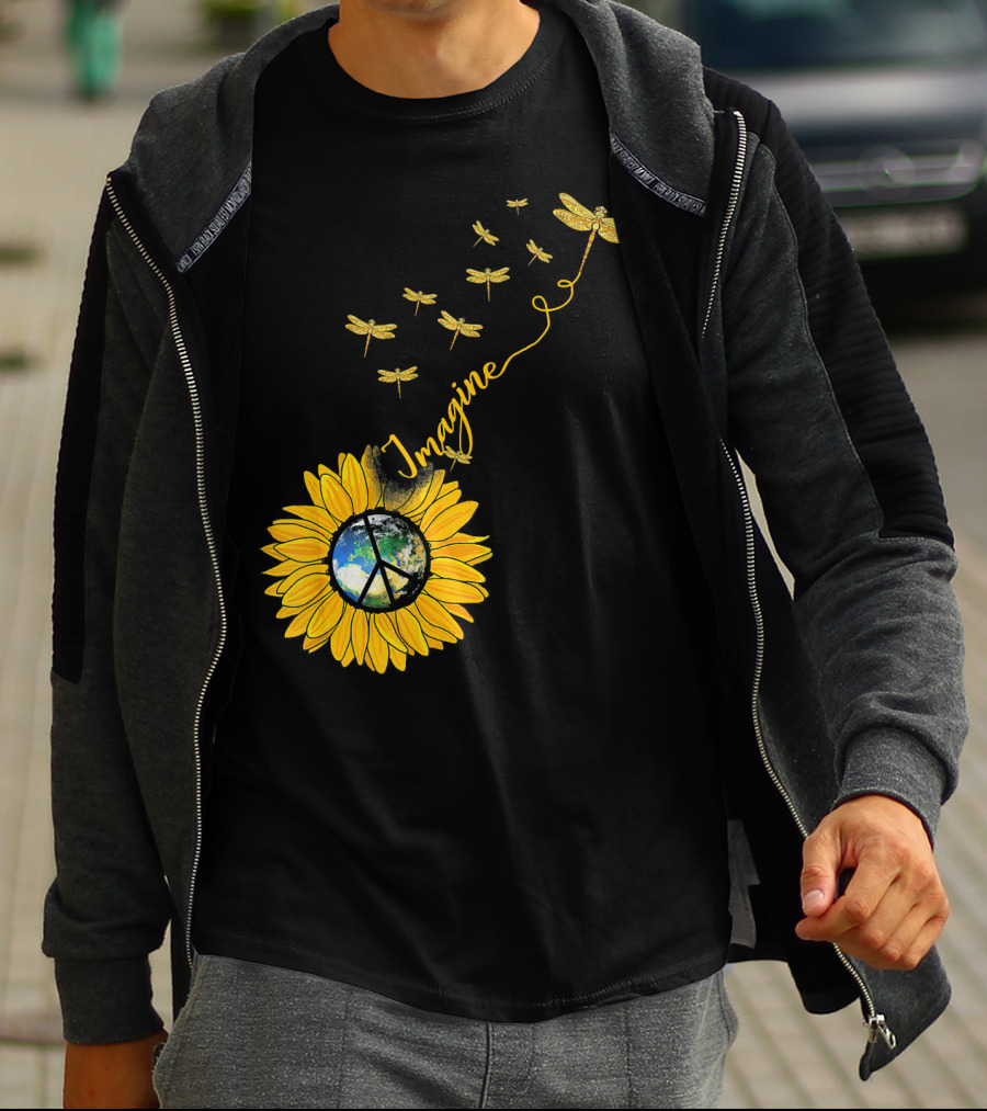 Imagine Peace Earth Sunflower Dragonflies T-Shirt