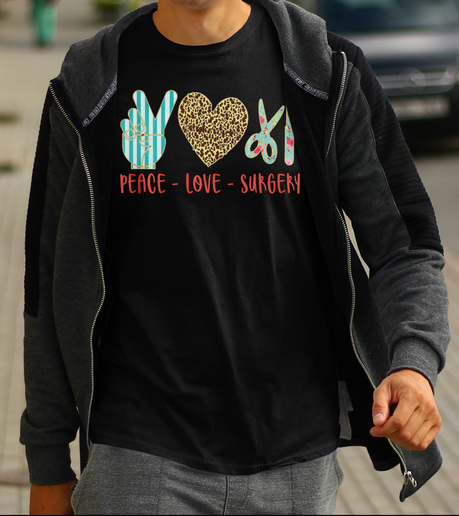 Peace Love Surgery Hand Gesture Heart Scissors T-Shirt