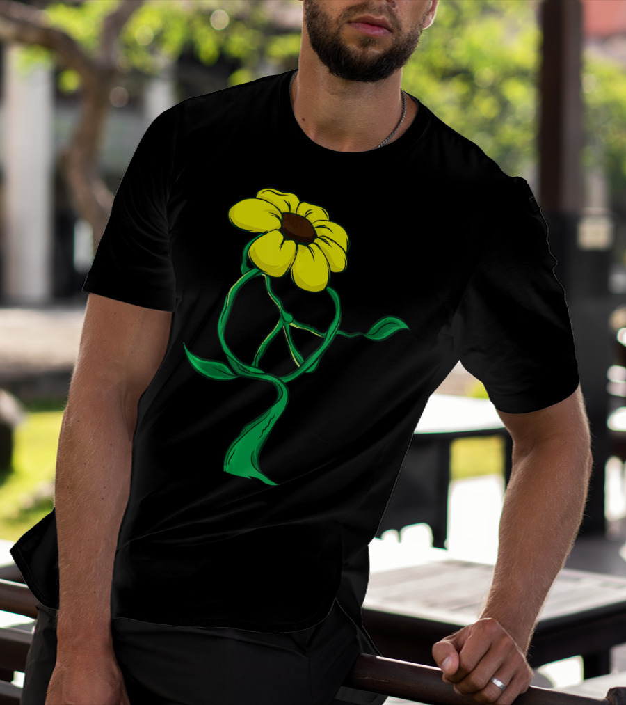Hippie Yellow Flower Peace Sign Stem Green Leaves T-Shirt