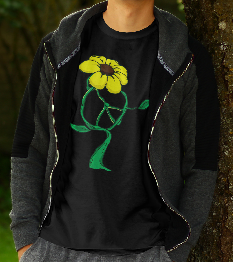 Hippie Yellow Flower Peace Sign Stem Green Leaves T-Shirt