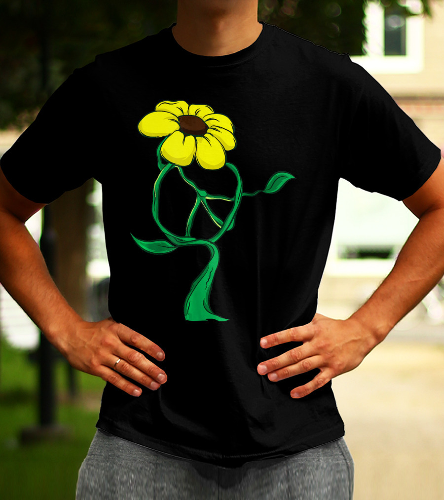 Hippie Yellow Flower Peace Sign Stem Green Leaves T-Shirt