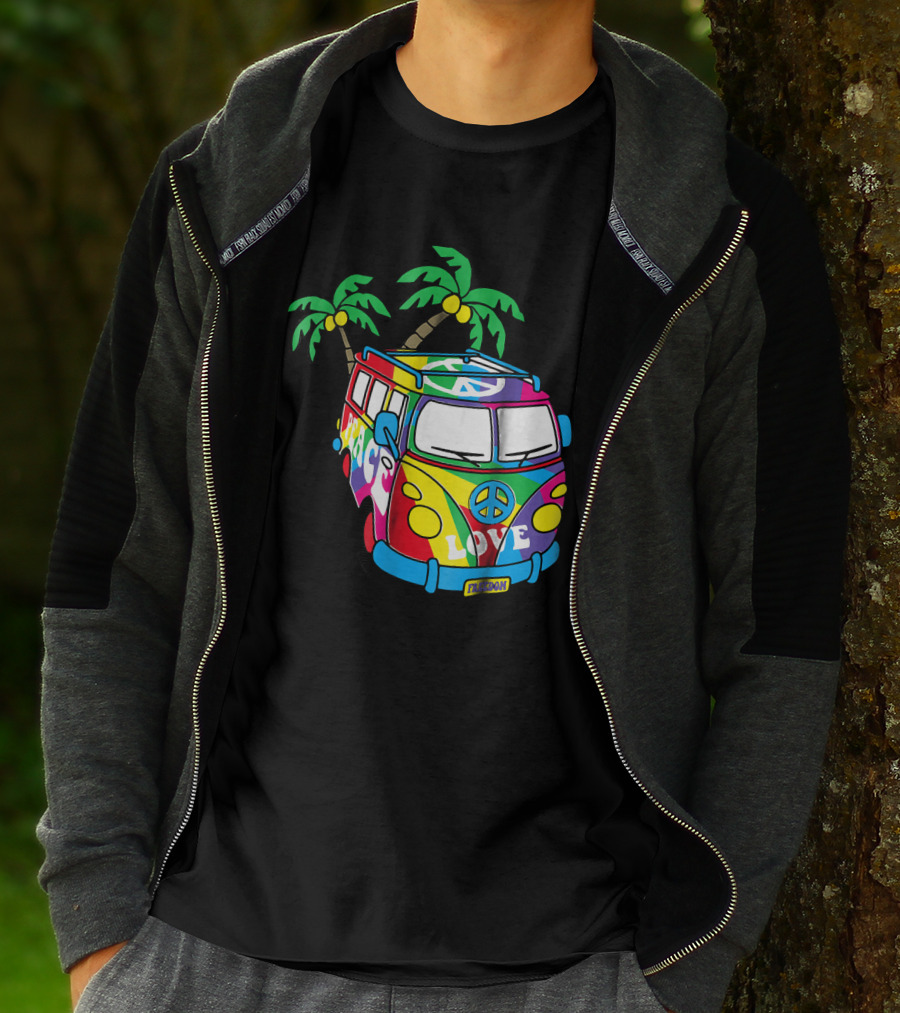 Peace Love Symbol Groovy Retro 60s Hippie Van Palm Trees Psychedelic T-Shirt