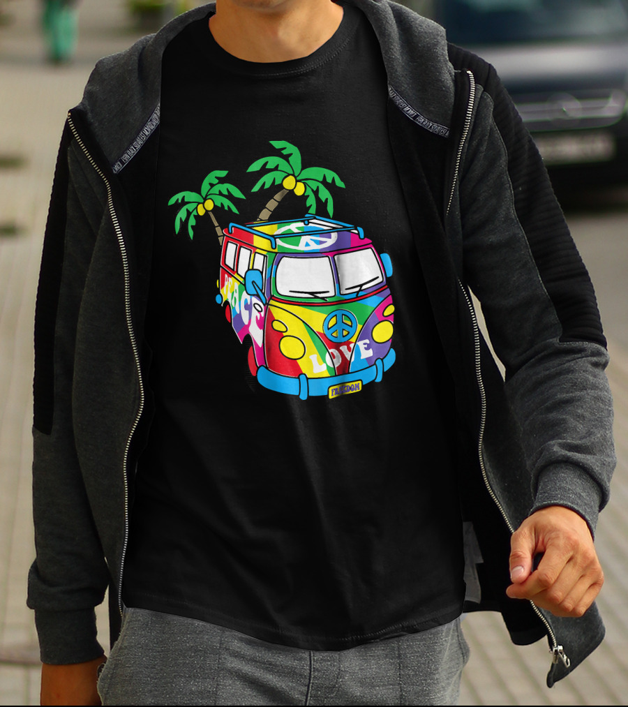Peace Love Symbol Groovy Retro 60s Hippie Van Palm Trees Psychedelic T-Shirt