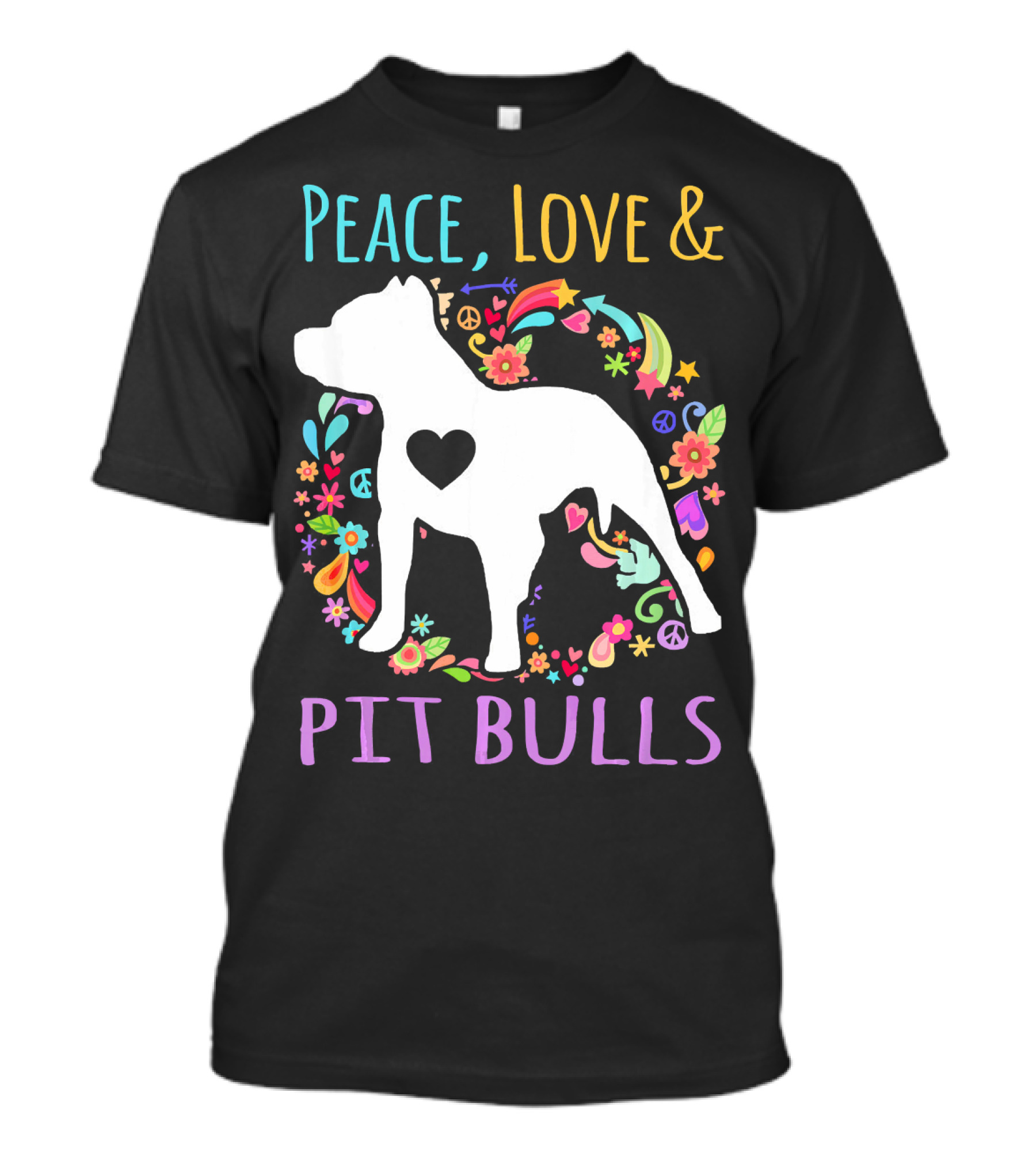 Peace Love And Pit Bulls Colorful Floral Heart Dog T-Shirt