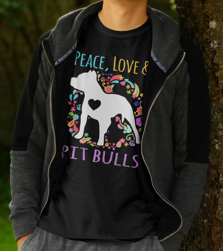 Peace Love And Pit Bulls Colorful Floral Heart Dog T-Shirt