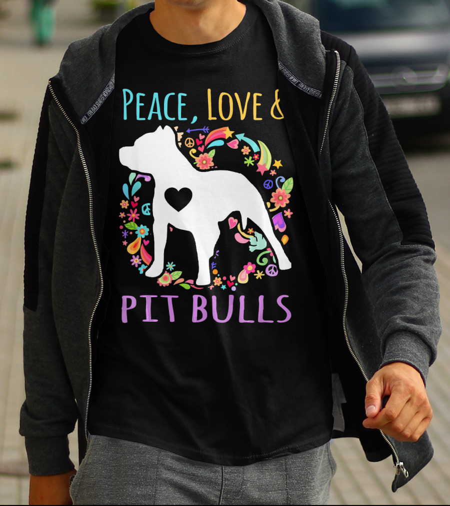 Peace Love And Pit Bulls Colorful Floral Heart Dog T-Shirt