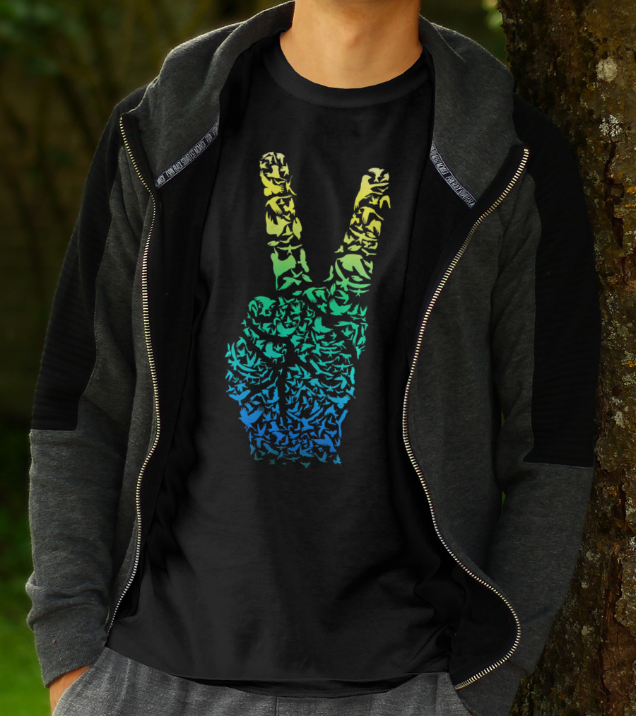 Colorful Birds Peace Hand Sign ASL Finger La T-Shirt