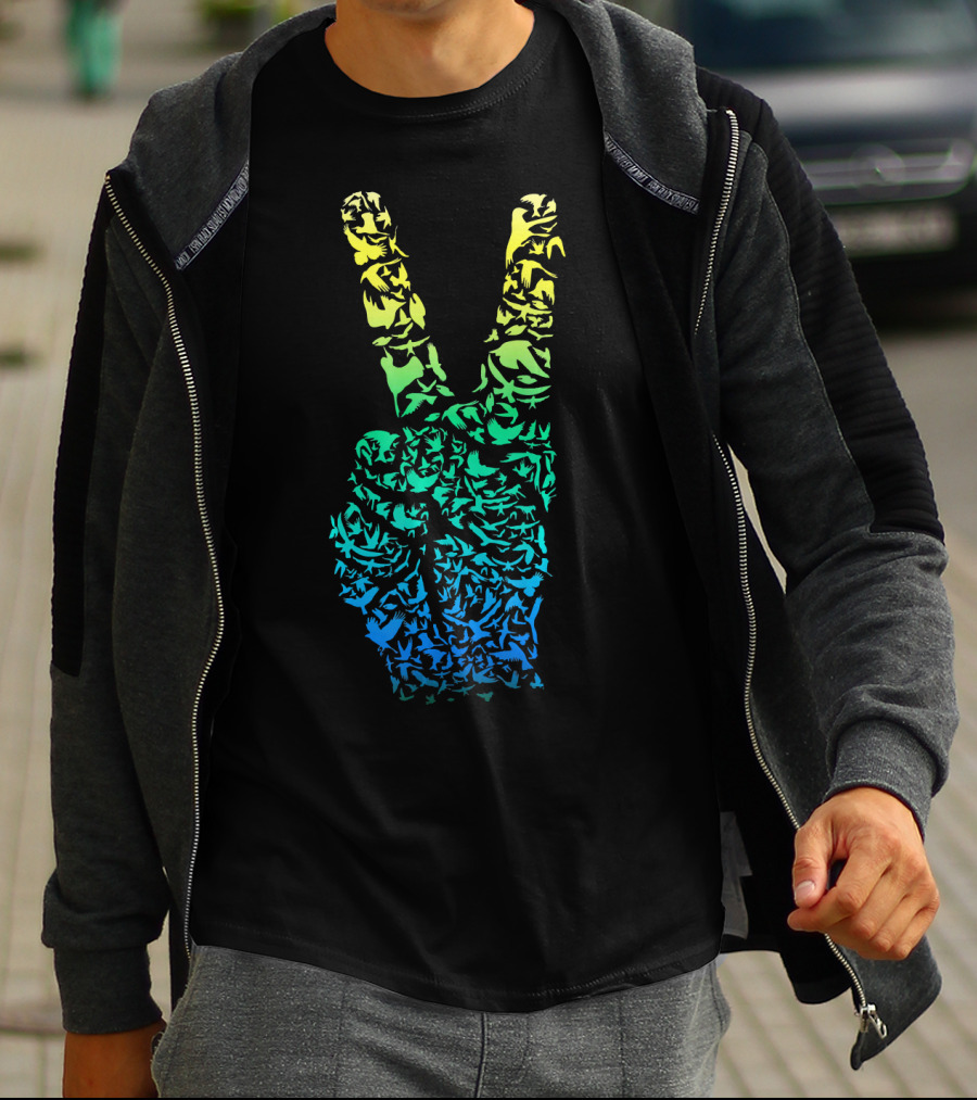 Colorful Birds Peace Hand Sign ASL Finger La T-Shirt