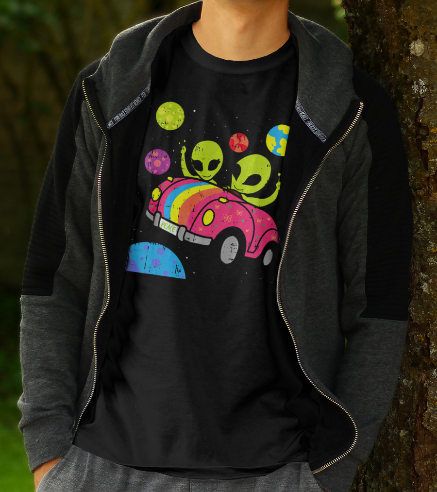 Hippie Alien Space Roadtrip With Peaceful Car And Colorful Planets T-Shirt