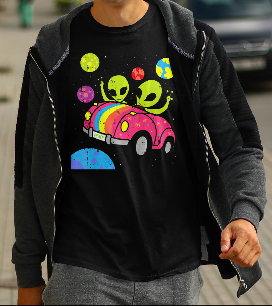 Hippie Alien Space Roadtrip With Peaceful Car And Colorful Planets T-Shirt