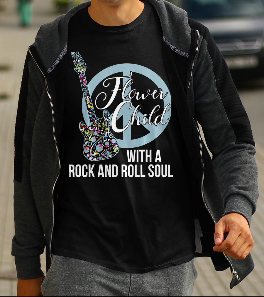 Flower Child With A Rock And Roll Soul Peace Sign Guitar T-Shirt