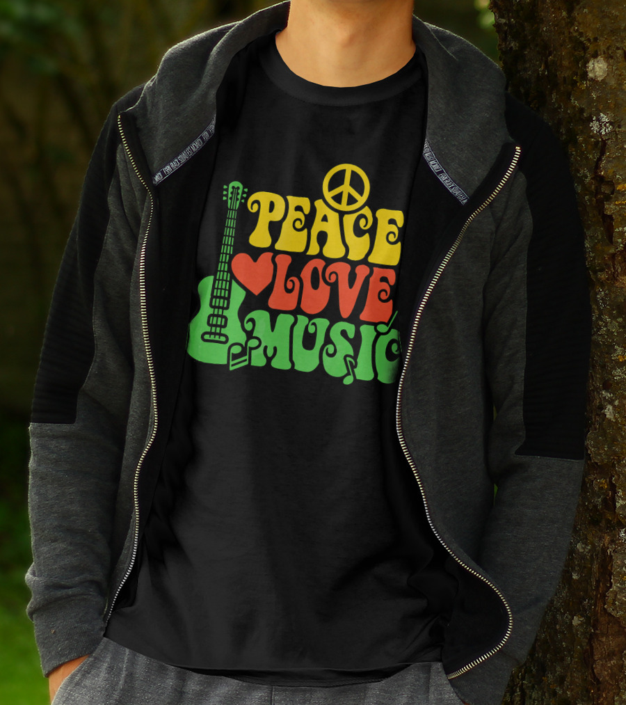 PEACE LOVE MUSIC Reggae Guitar Peace Symbol Heart Notes T-Shirt