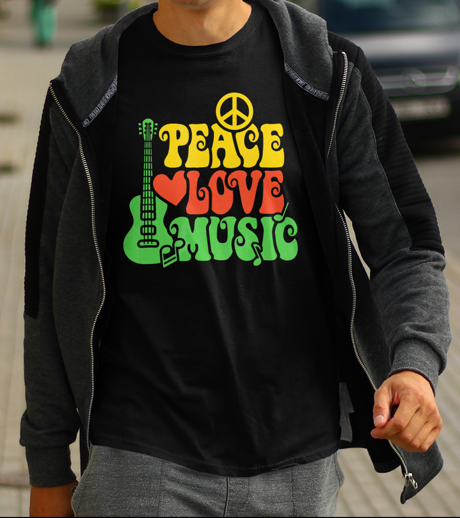 PEACE LOVE MUSIC Reggae Guitar Peace Symbol Heart Notes T-Shirt