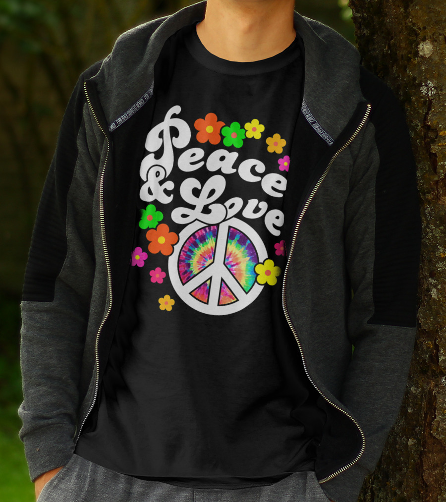 Peace And Love Hippie Sign With Colorful Flower T-Shirt