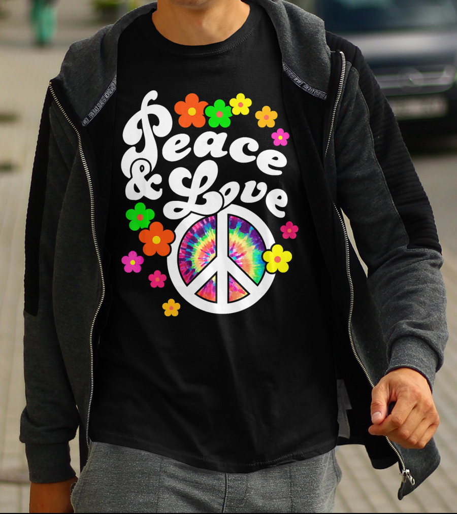 Peace And Love Hippie Sign With Colorful Flower T-Shirt