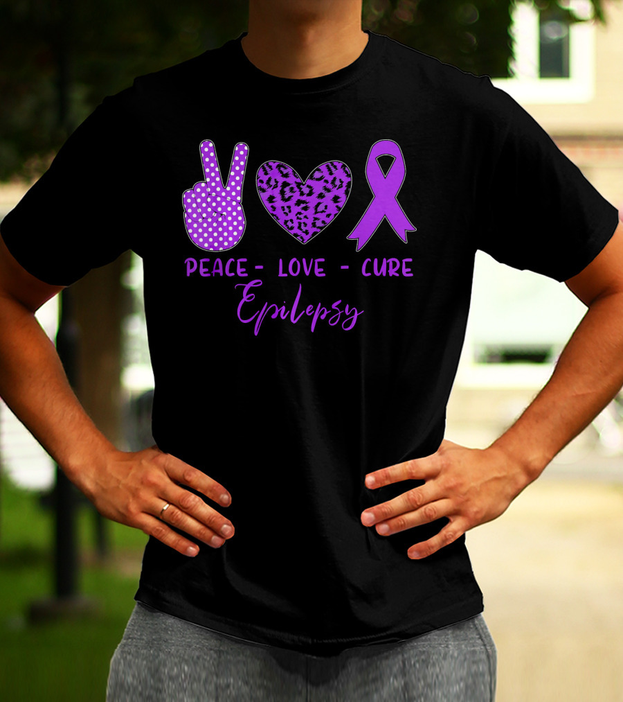 Peace Love Cure Epilepsy Purple Ribbon Polka Dot Leopard Print T-Shirt