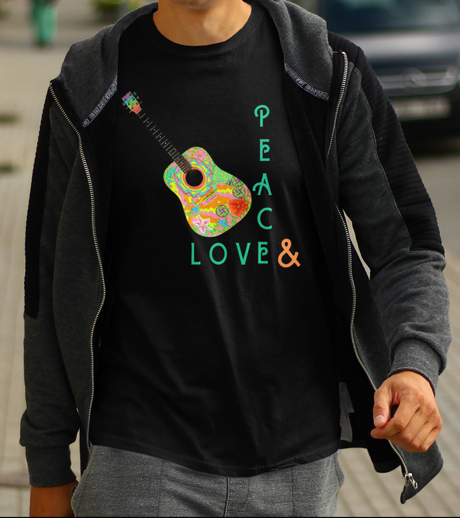 Colorful Guitar Peace Love And Music Vibrant T-Shirt