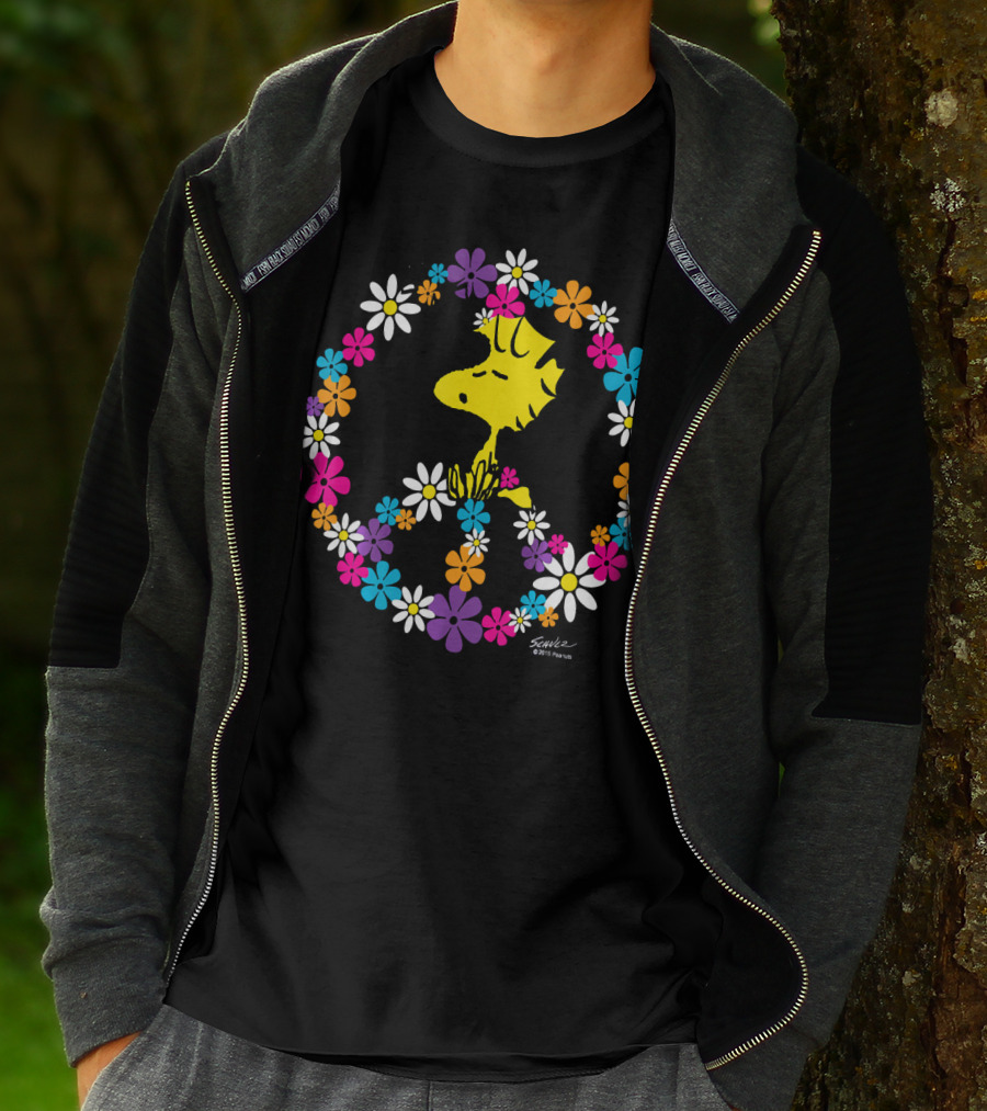 Peanuts Woodstock Surrounded By Peace Sign And Vibrant Floral T-Shirt