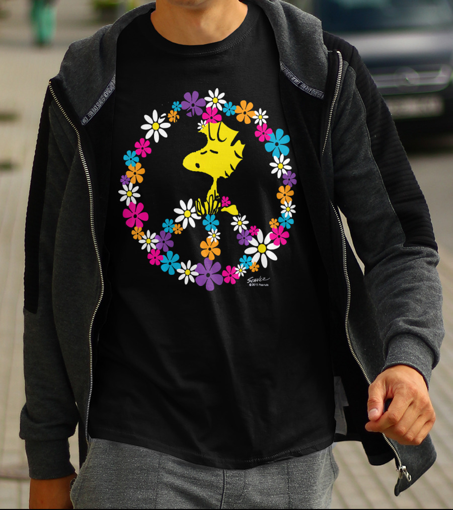 Peanuts Woodstock Surrounded By Peace Sign And Vibrant Floral T-Shirt