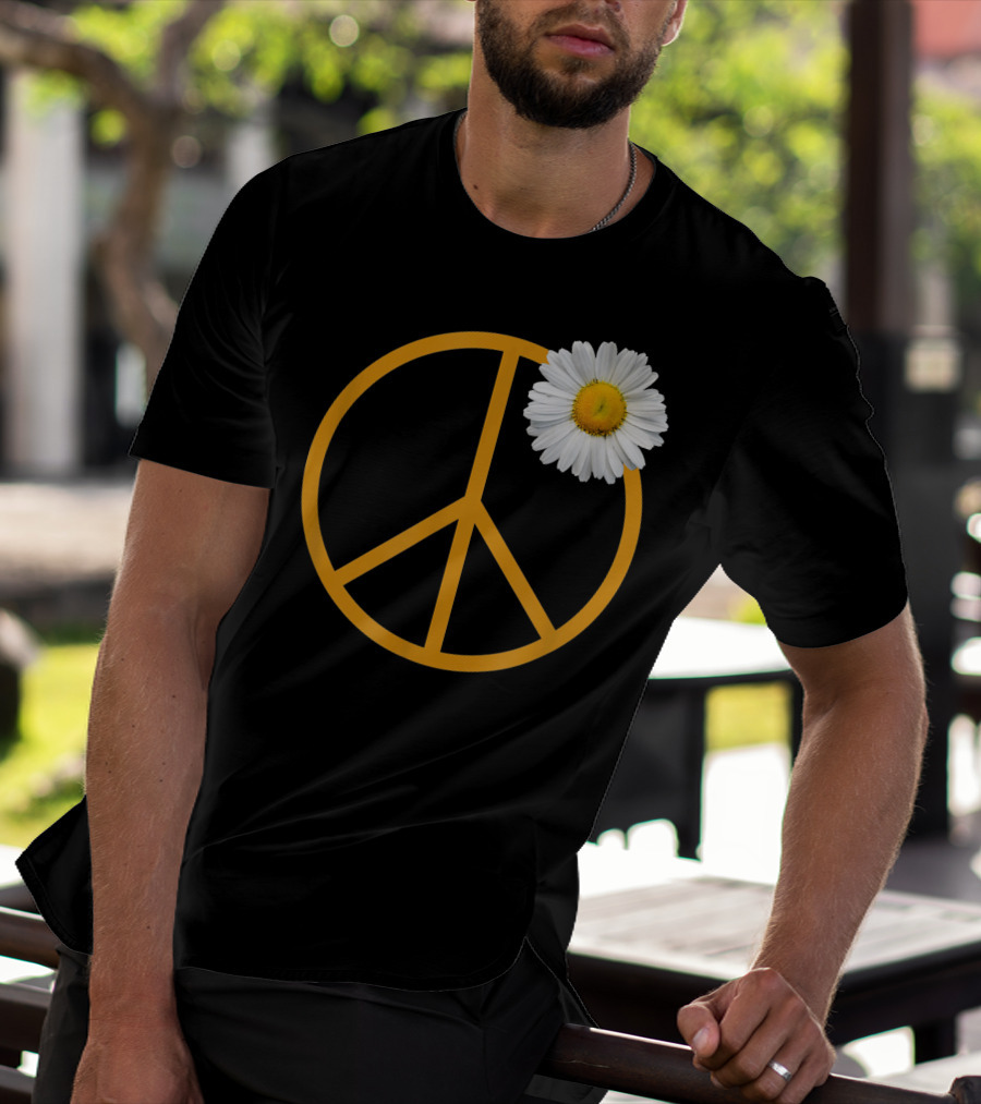 Peace Sign Yellow Outline White Daisy Flower Boho Hip T-Shirt