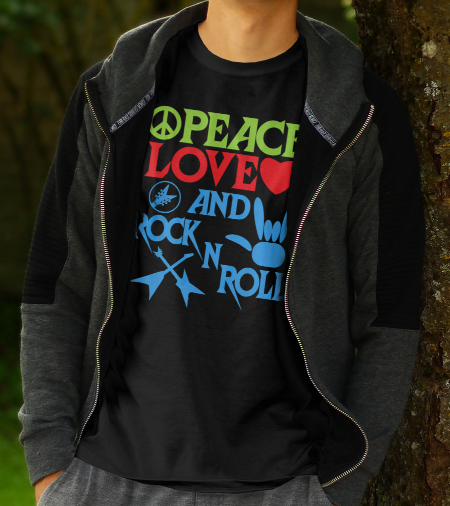 Peace Love Heart And Rock N Roll Peace Sign Guitar Hand Gesture T-Shirt
