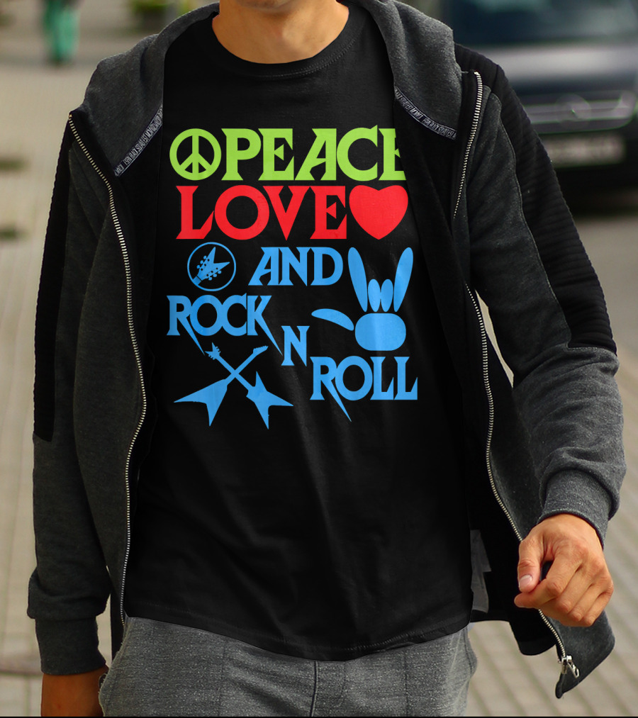 Peace Love Heart And Rock N Roll Peace Sign Guitar Hand Gesture T-Shirt