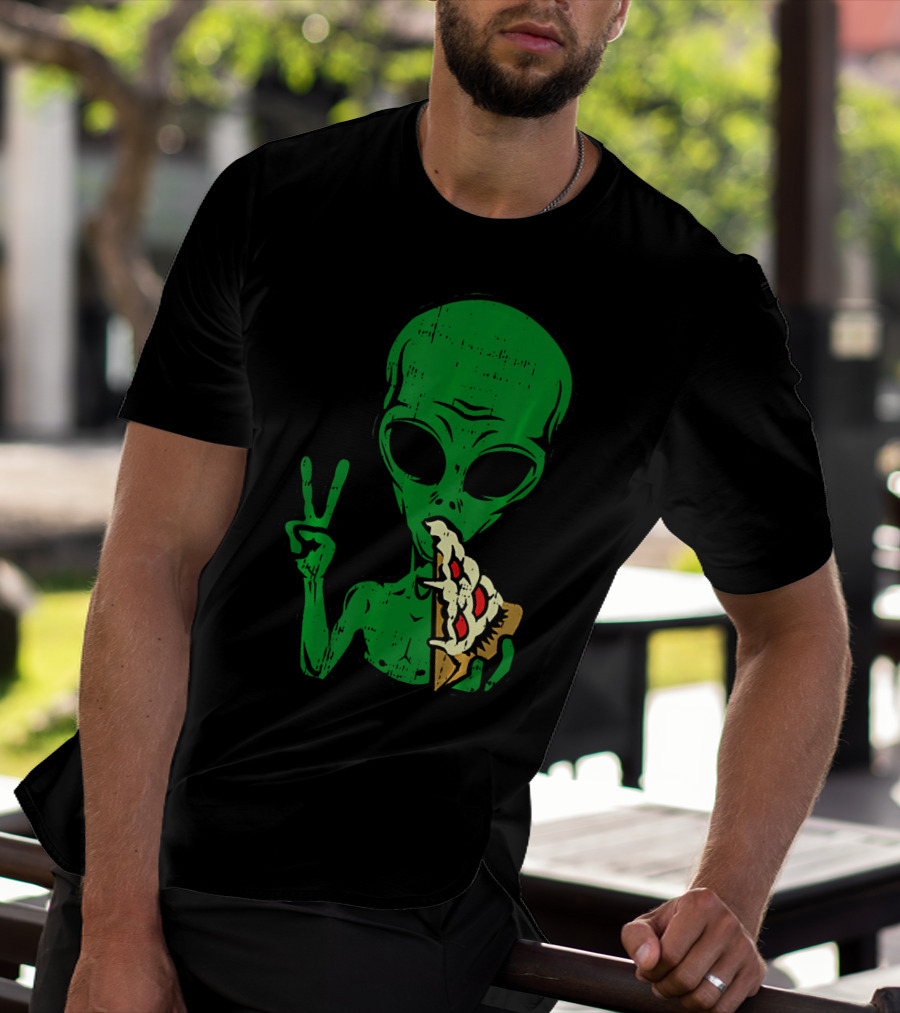 Alien Pizza Eating Peace Funny Space Are T-Shirt
