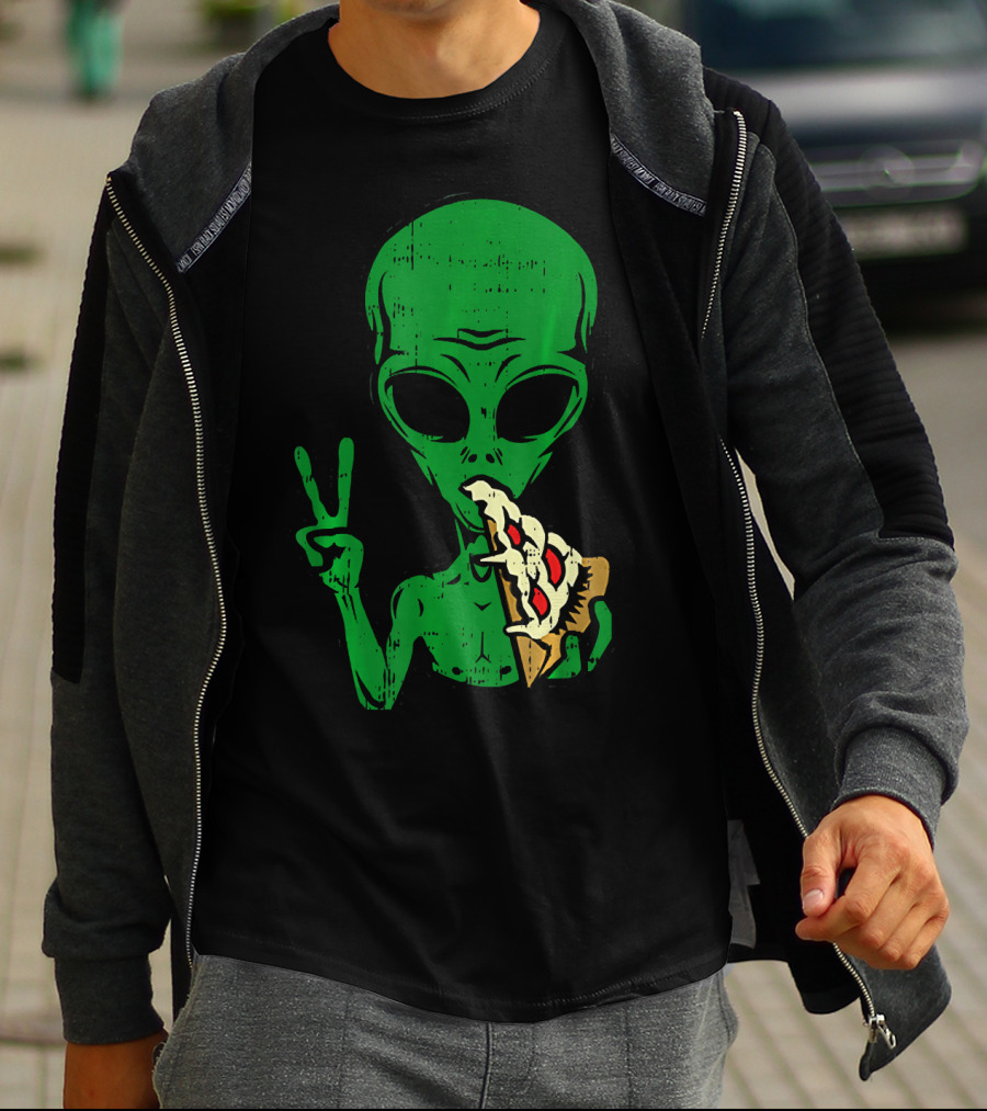 Alien Pizza Eating Peace Funny Space Are T-Shirt