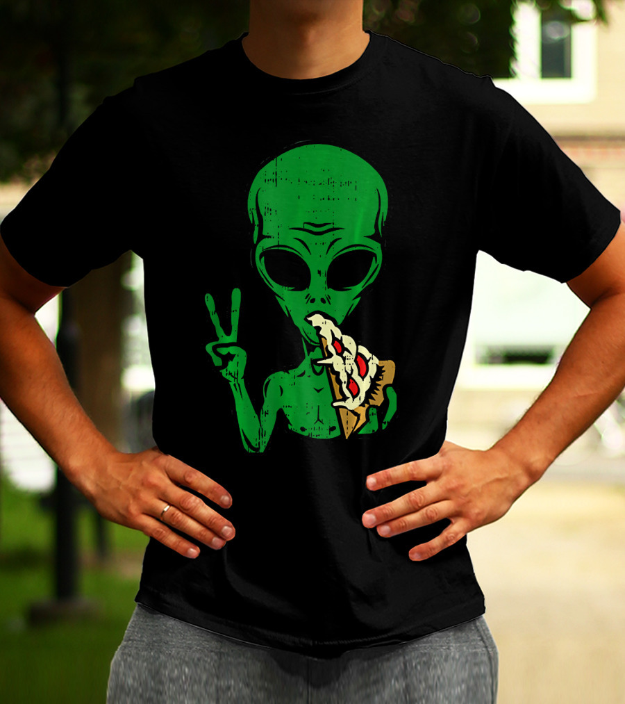 Alien Pizza Eating Peace Funny Space Are T-Shirt