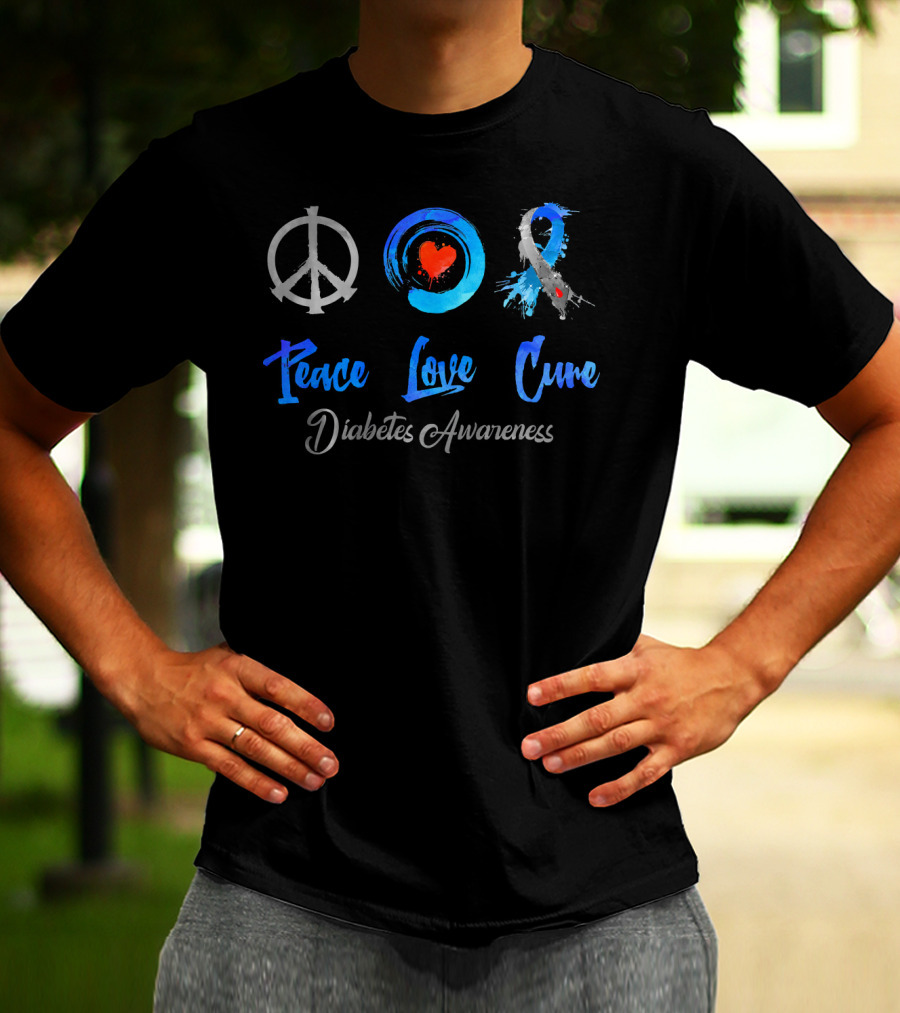 Peace Love Cure Diabetes Awareness Grey Blue T-Shirt