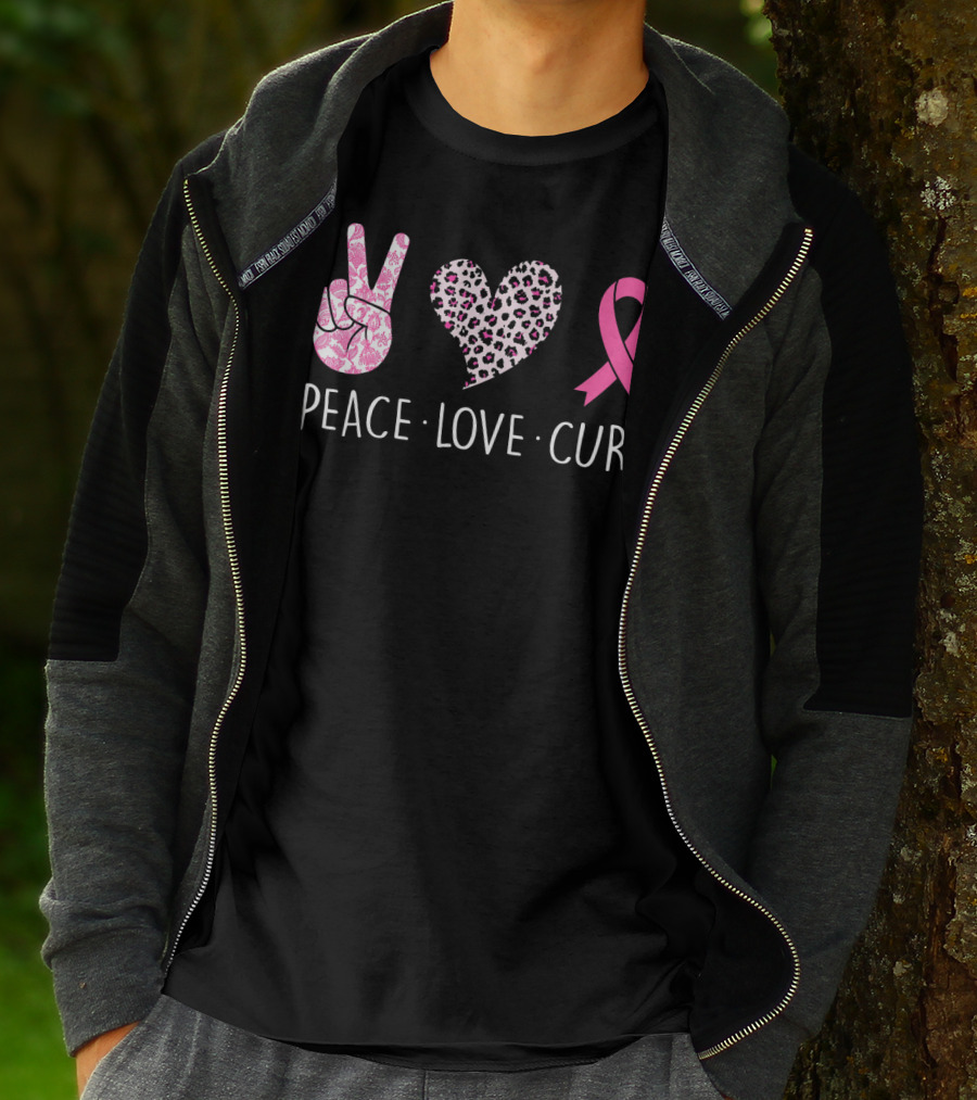 Peace Love Cure Pink Ribbon Heart Breast Cancer Awareness T-Shirt