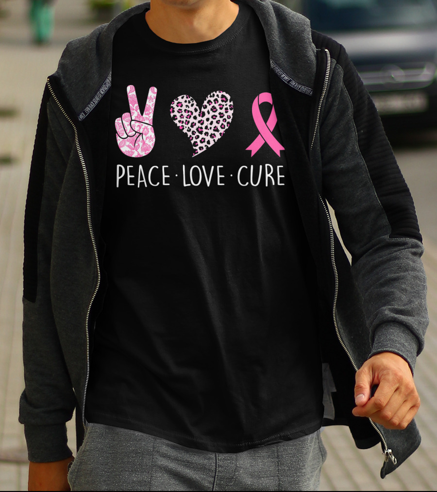 Peace Love Cure Pink Ribbon Heart Breast Cancer Awareness T-Shirt