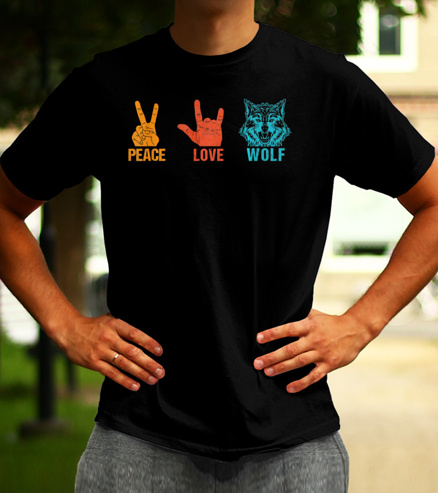 Peace Love Wolf Hand Signs Vintage Wolf Head T-Shirt