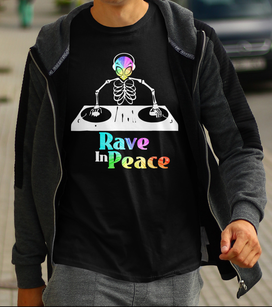 Rave In Peace Colorful DJ Alien Skeleton T-Shirt