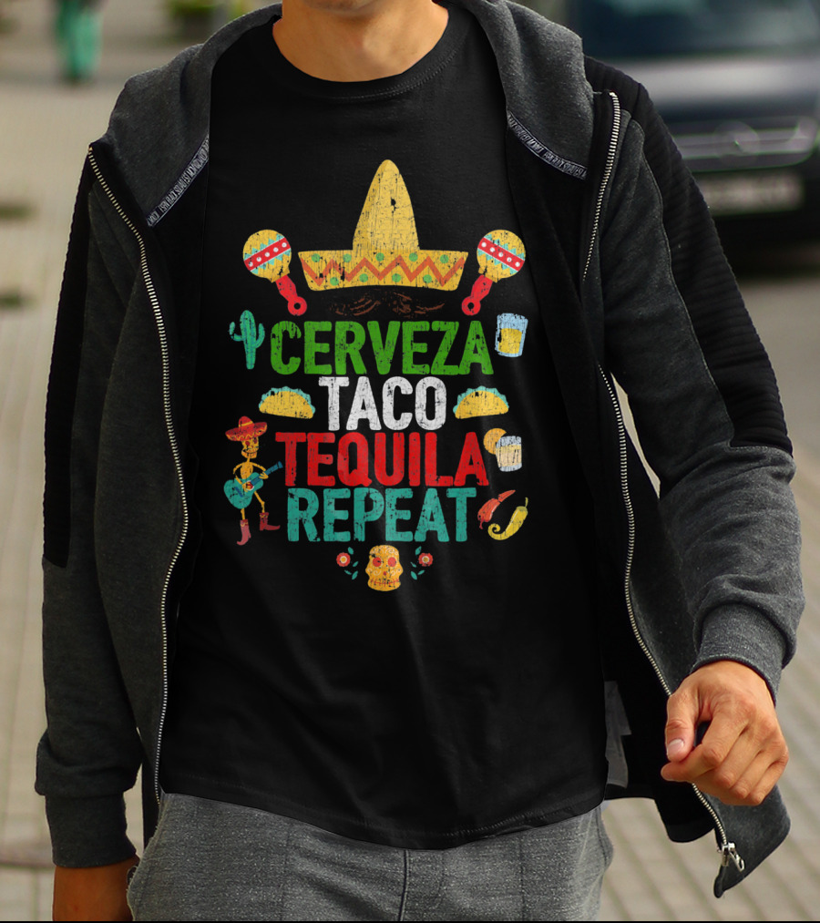 Cinco De Mayo Sombrero Cerveza Taco Tequila Repeat Party T-Shirt