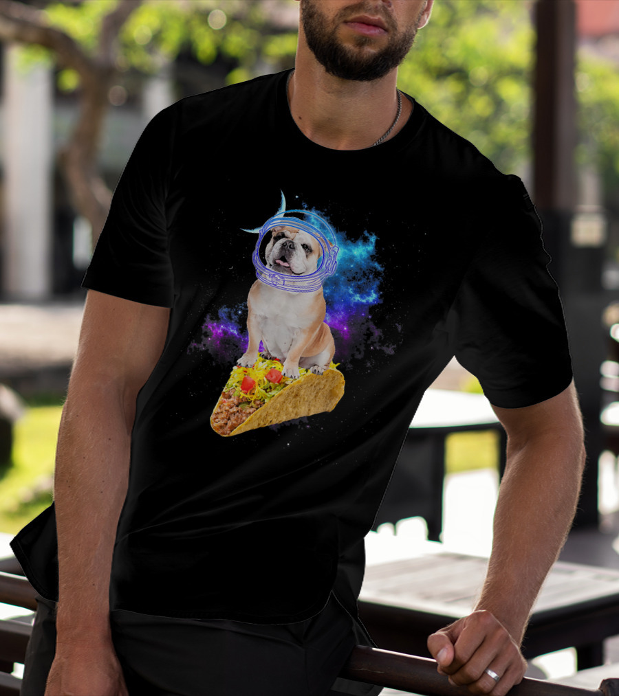 Space English Bulldog Astronaut Riding Taco In Galaxy T-Shirt
